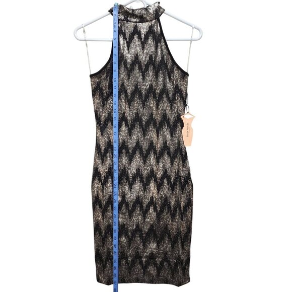 Chevron Print Bodycon Mini Dress Halter Neck Keyhole Back Haute Black Silver M - Picture 4 of 10
